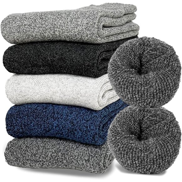 Multicolor Men's Wool Socks  5 Pairs Thick Thermal Knit Winter Hiking Boot Socks - Picture 1 of 6